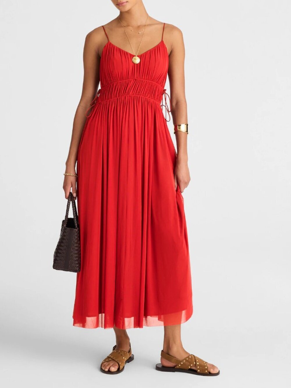 Madewell Gathered V-Neck Flowy Skirt Midi Dress Cherry Red Size M NWT